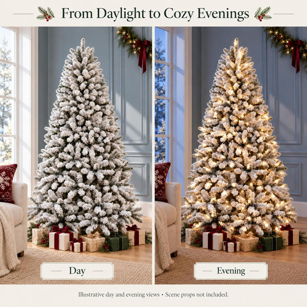 7ft Prelit Artificial Flocked Snow Spruce Christmas Tree Xmas,White