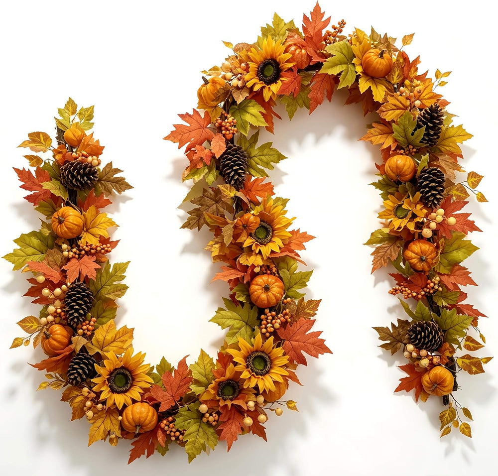 YULETIME 9 ft Pumpkin & Maple Leaf Garland, 50 Fairy Lights Battery Powered