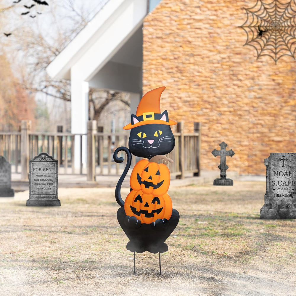 Glitzhome 36" H Halloween Yard Stake, Metal Black Cat with Spring Head a...