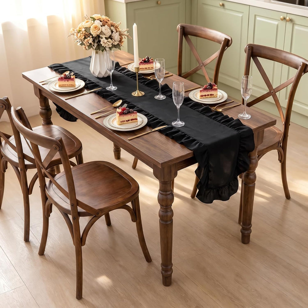 Black Ruffled Table Runner 118 inch Scalloped Table Runners,3pcs