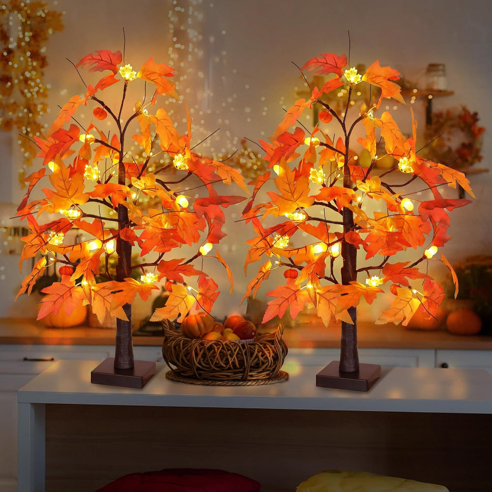 2 Pack 24 Inch Maple Tree Fall Thanksgiving Table Decorations with 48LED Batt...