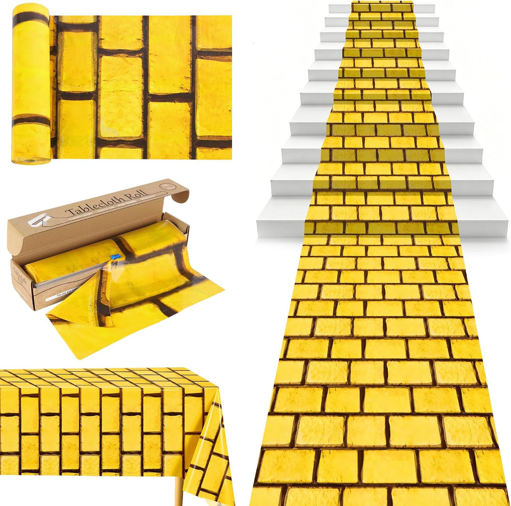 100FT x 54IN Halloween Yellow Brick Tablecloth Roll with Slide Cutter Box