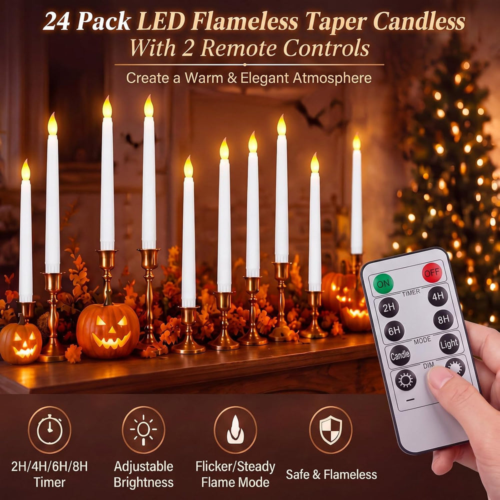 24pcs 11" LED Flameless Taper Battery Candles for Halloween, White
