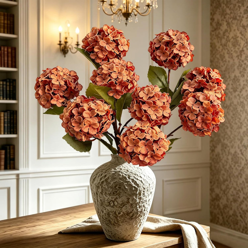 Thewe 4Pcs Orange Hydrangea Artificial Flowers – 27" Vintage Fake Flowers