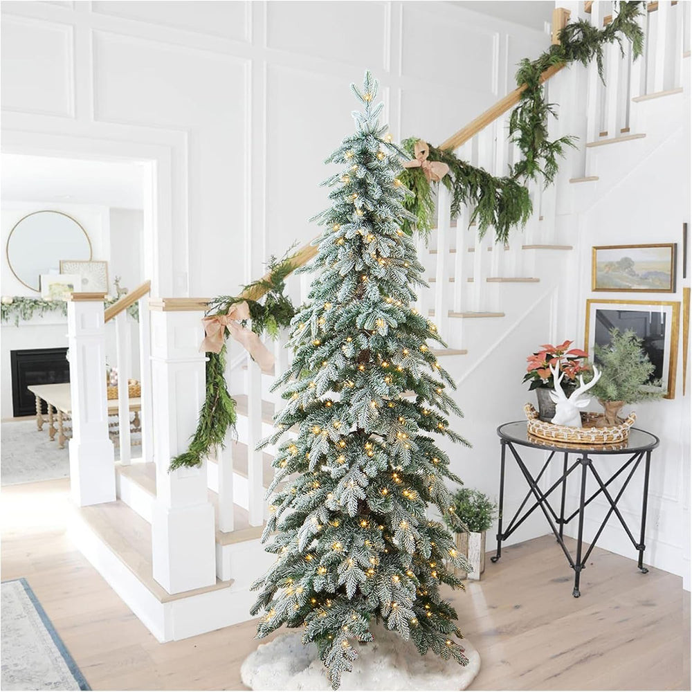 Glitzhome 7.5ft Prelit Flocked Pencil Spruce Artificial Christmas Tree