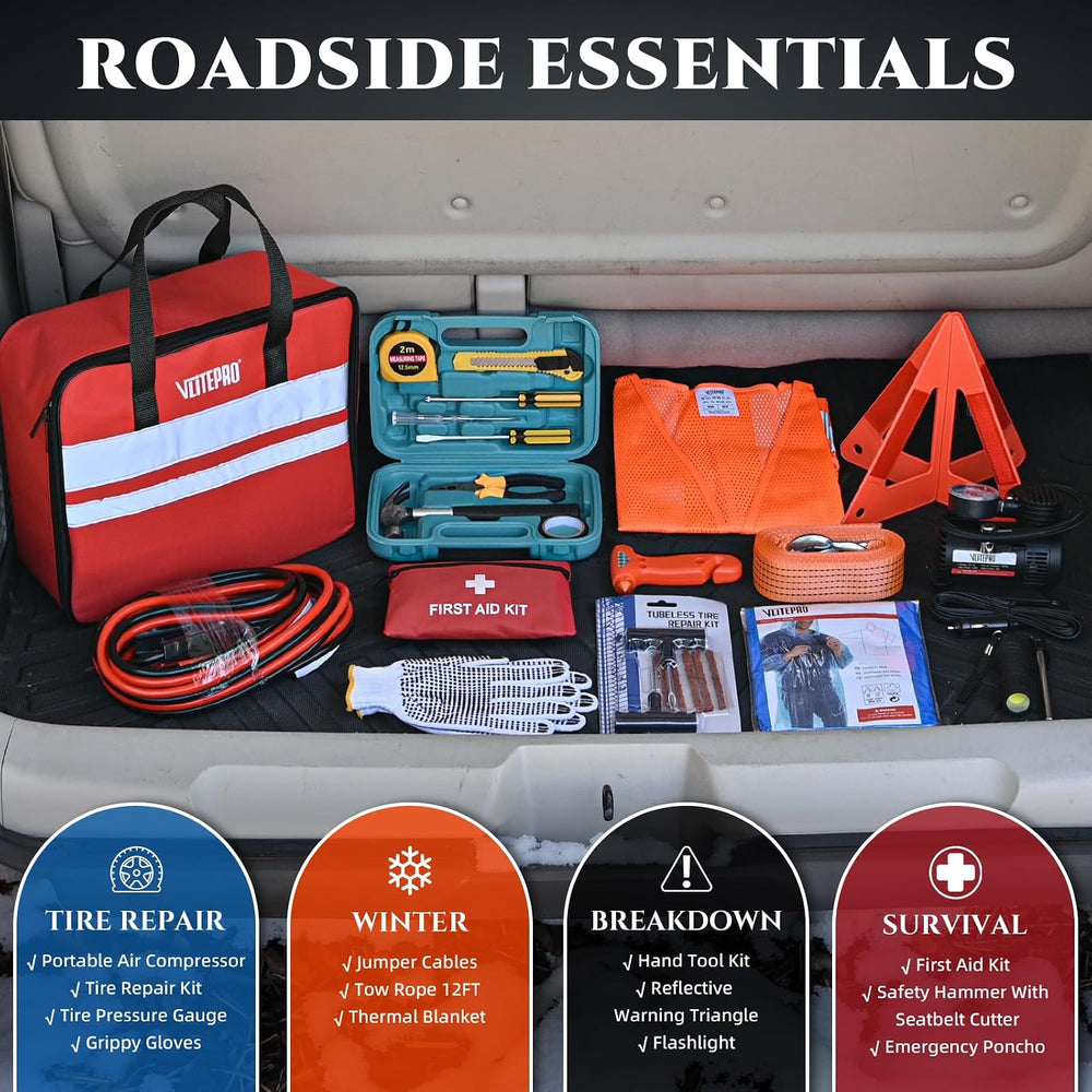 Roadside Emergency Car Kit for Vehicles, Car Emergency Kit with Jumper Cables...