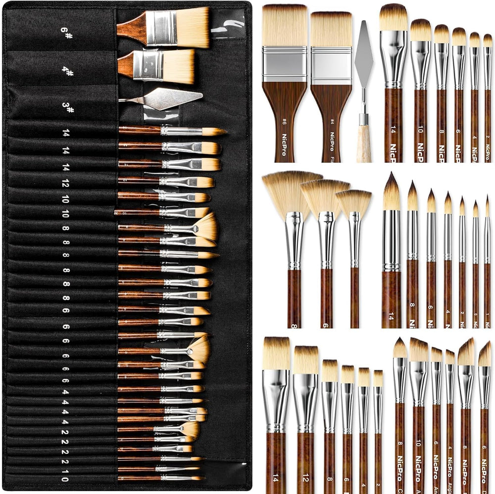 Nicpro 30pcs Paint Brush Set for Acrylic Painting, Oil, Watercolor, Gouache