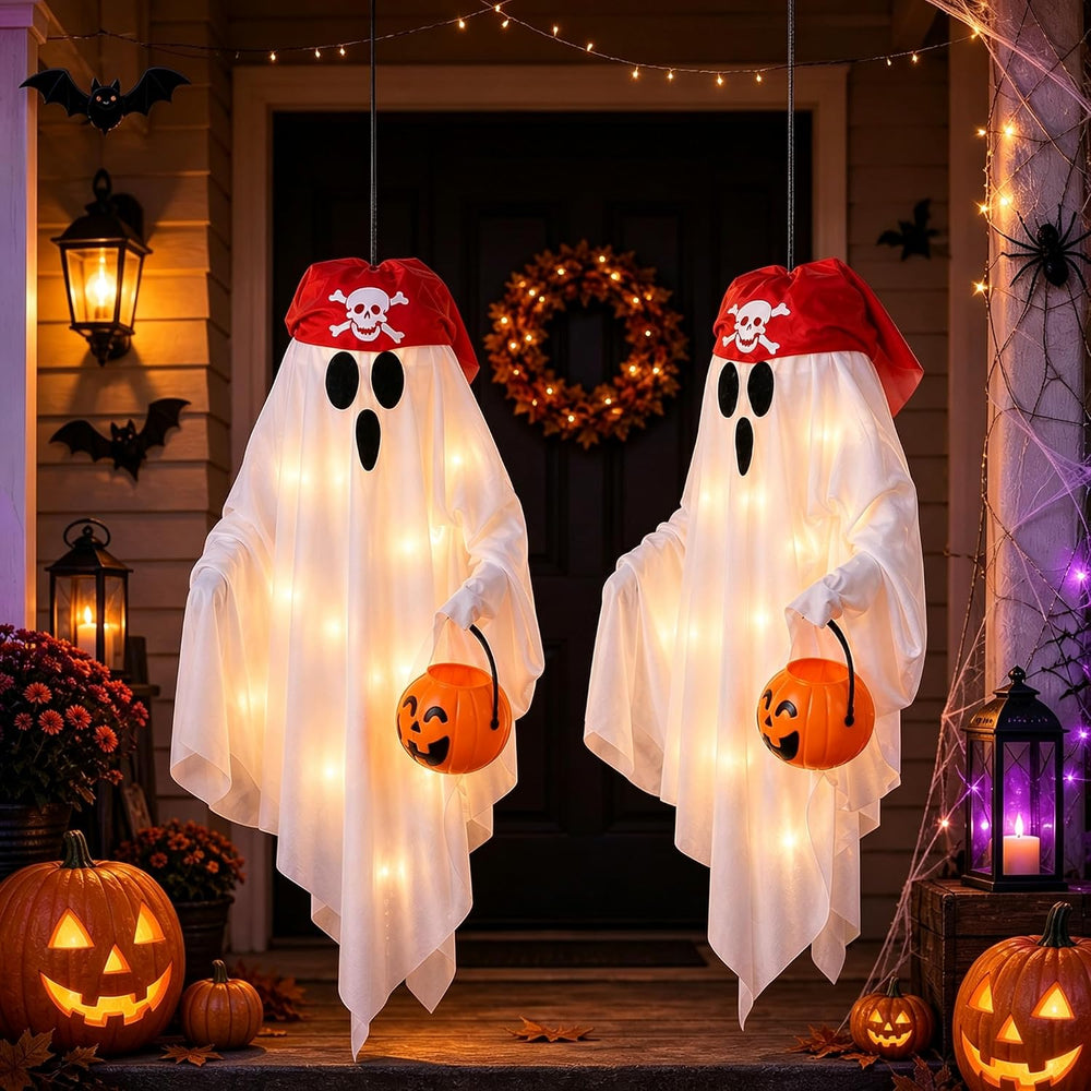 JPXH 2 Pack Hanging Pirate Ghost Decorations with Lights for Halloween