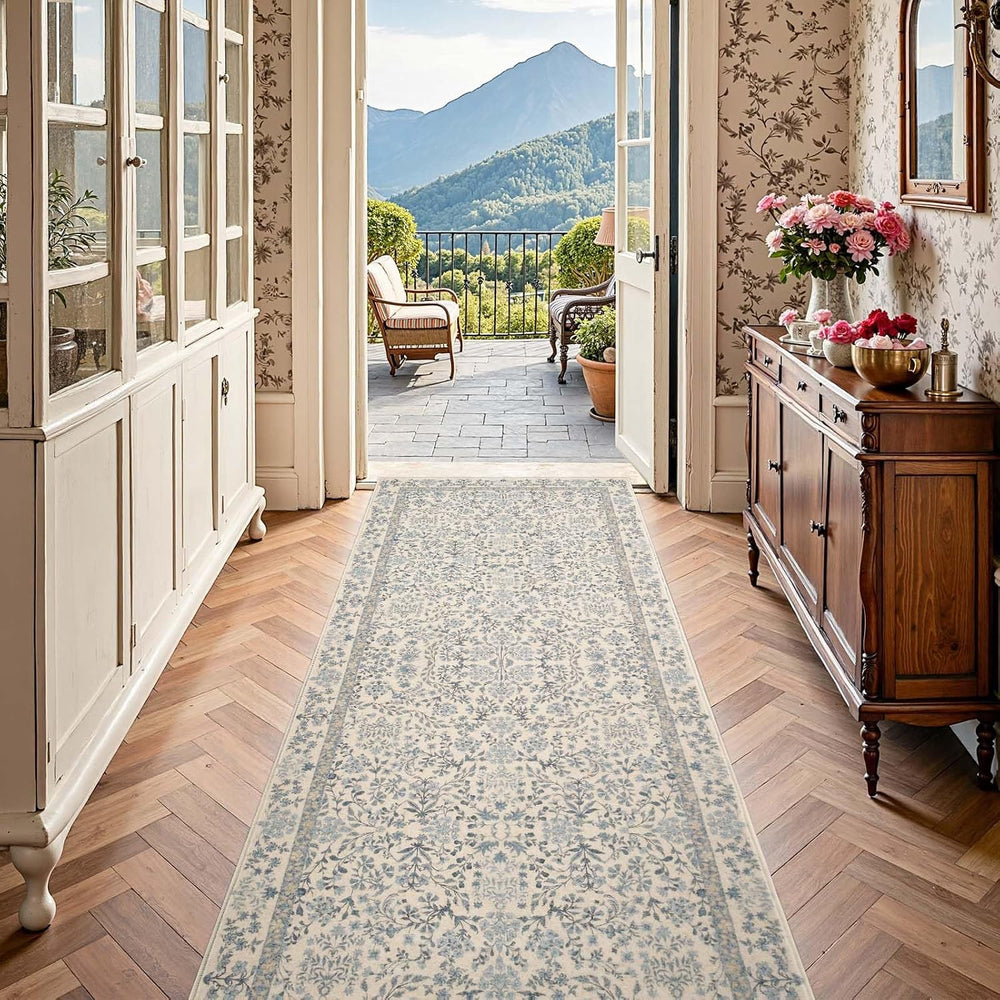 jinchan 3x8 Washable Hallway Runner Rug, Floral Non-Slip, Blue/Cream