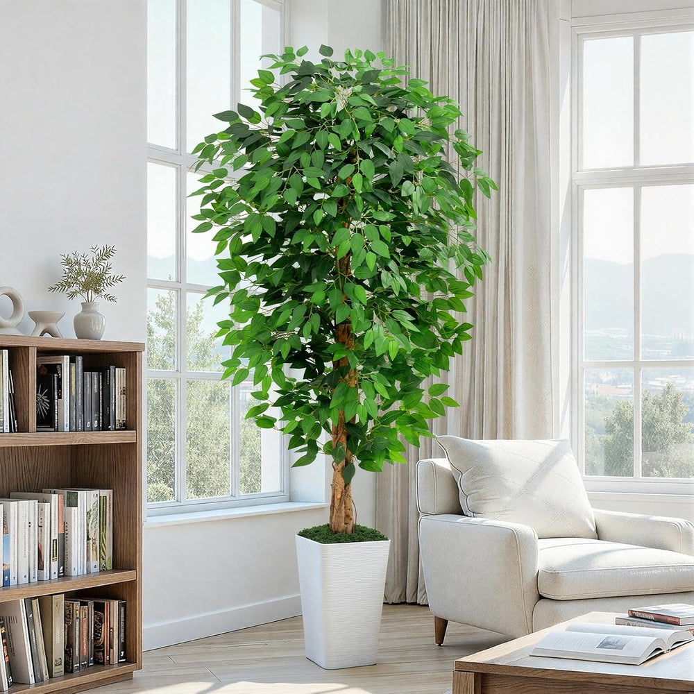 6ft Ficus Artificial Tree with 3 Natural Curved Trunks, 74" Tall Lush Fa...