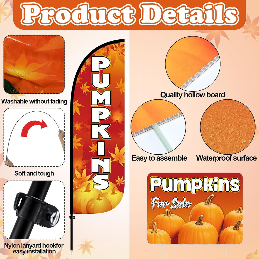 6 Pcs Pumpkin Feather Flag Kit with Yard Signs and Metal Stakes