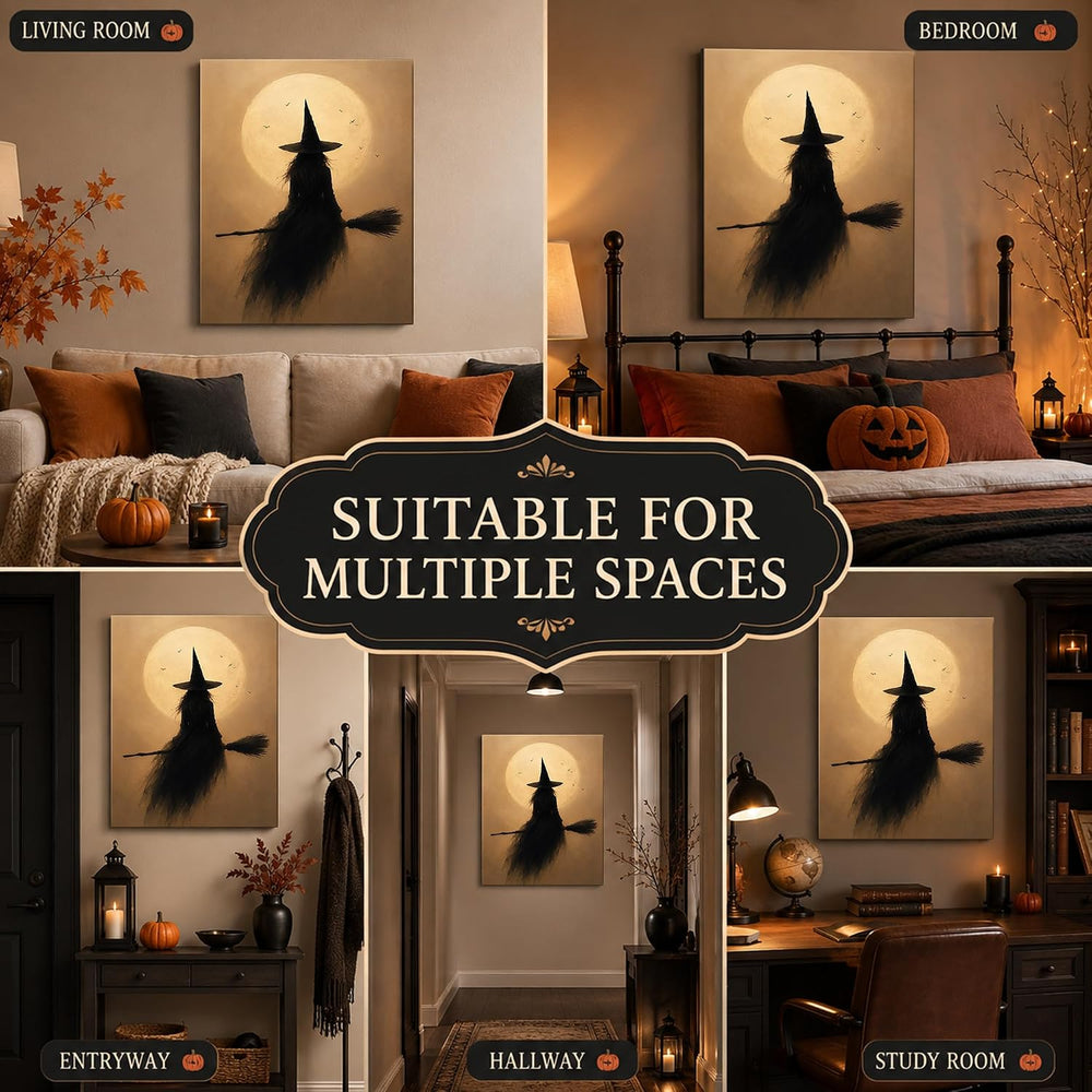 Halloween Canvas Wall Art, Witch on Broom Full Moon Halloween Pictures