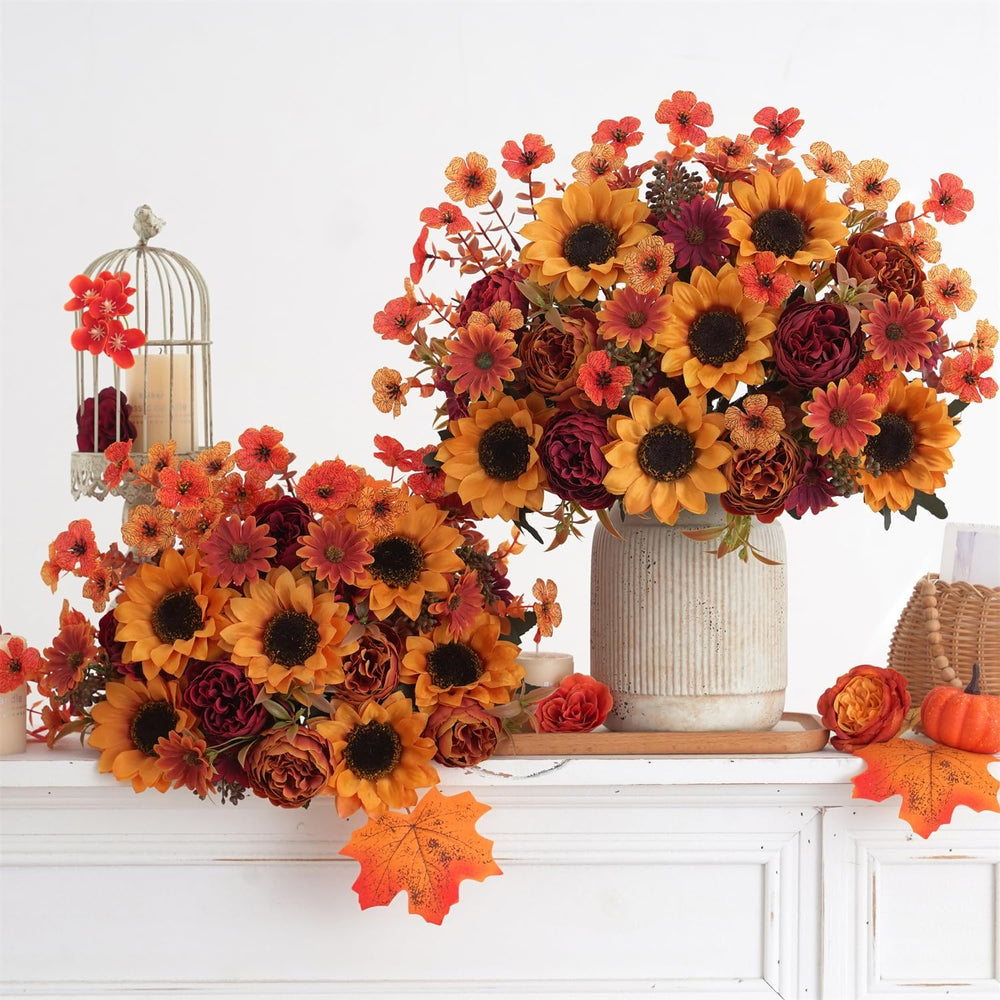 Mixed 10 Pcs Fall Artificial Sunflower Peony Bouquet, Yellow Burgundy Silk Fa...