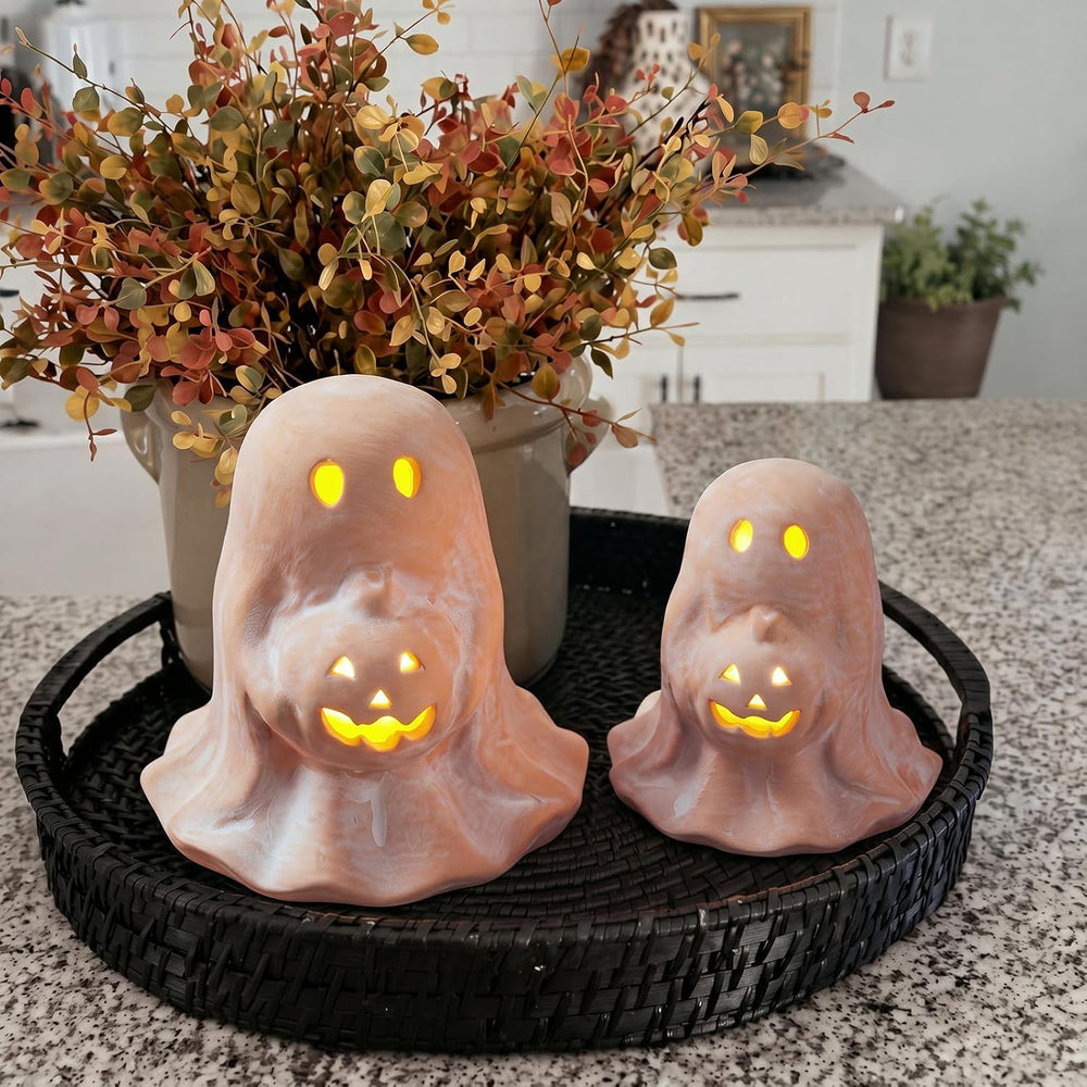 Tioncy 2 Pcs Halloween Terracotta Ghost Tealight Holder, Terracotta, Retro