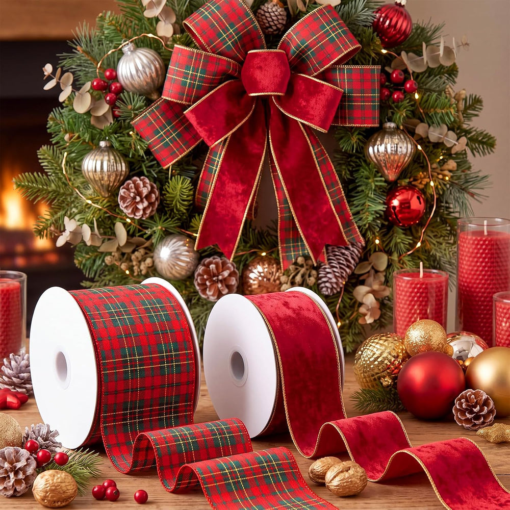 Dilunave 2 Rolls Christmas Wired Ribbon, 4 Inch 2.5 Inch 30Yards, Red