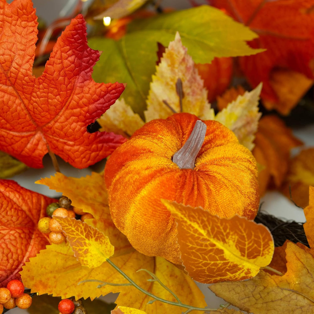 YULETIME 9 ft Pumpkin & Maple Leaf Garland, 50 Fairy Lights Battery Powered