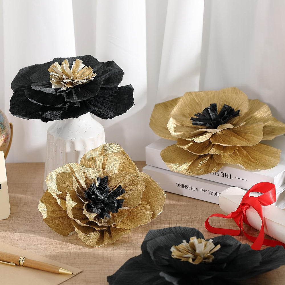 Cholemy 24 Pcs Tissue Paper Flowers 8" 10" 12", Black, Gold