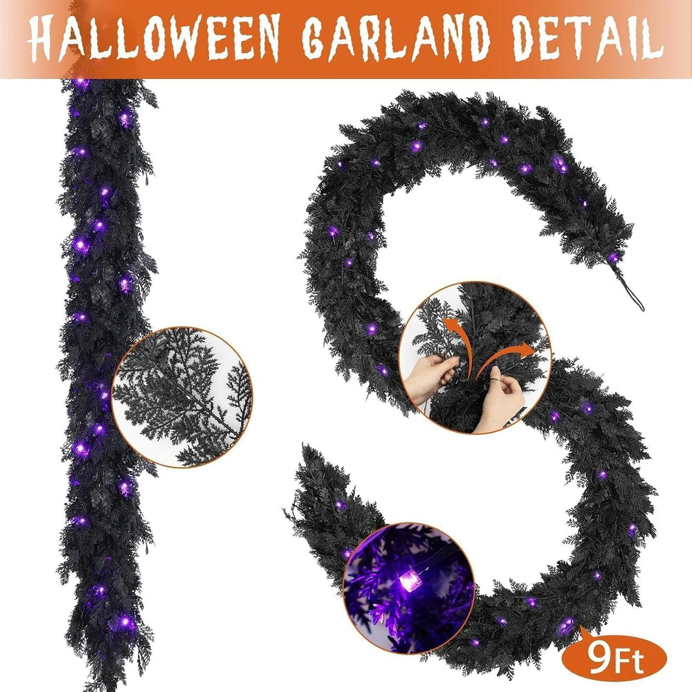 Pre-Lit Halloween Garland 9FT Decorations Black Real Touch Cedar Cypress Pine...