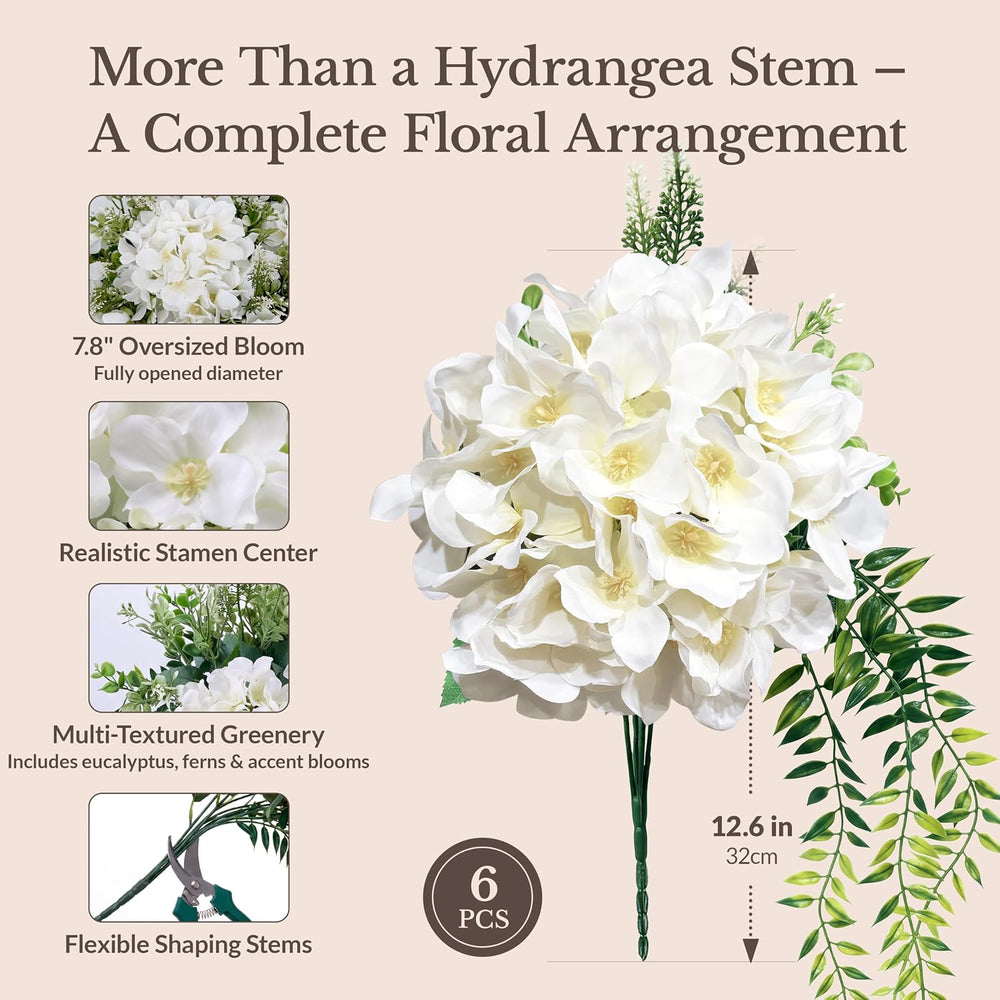 Pre-Arranged White Hydrangea Artificial Flowers with Greenery, UV Resistant