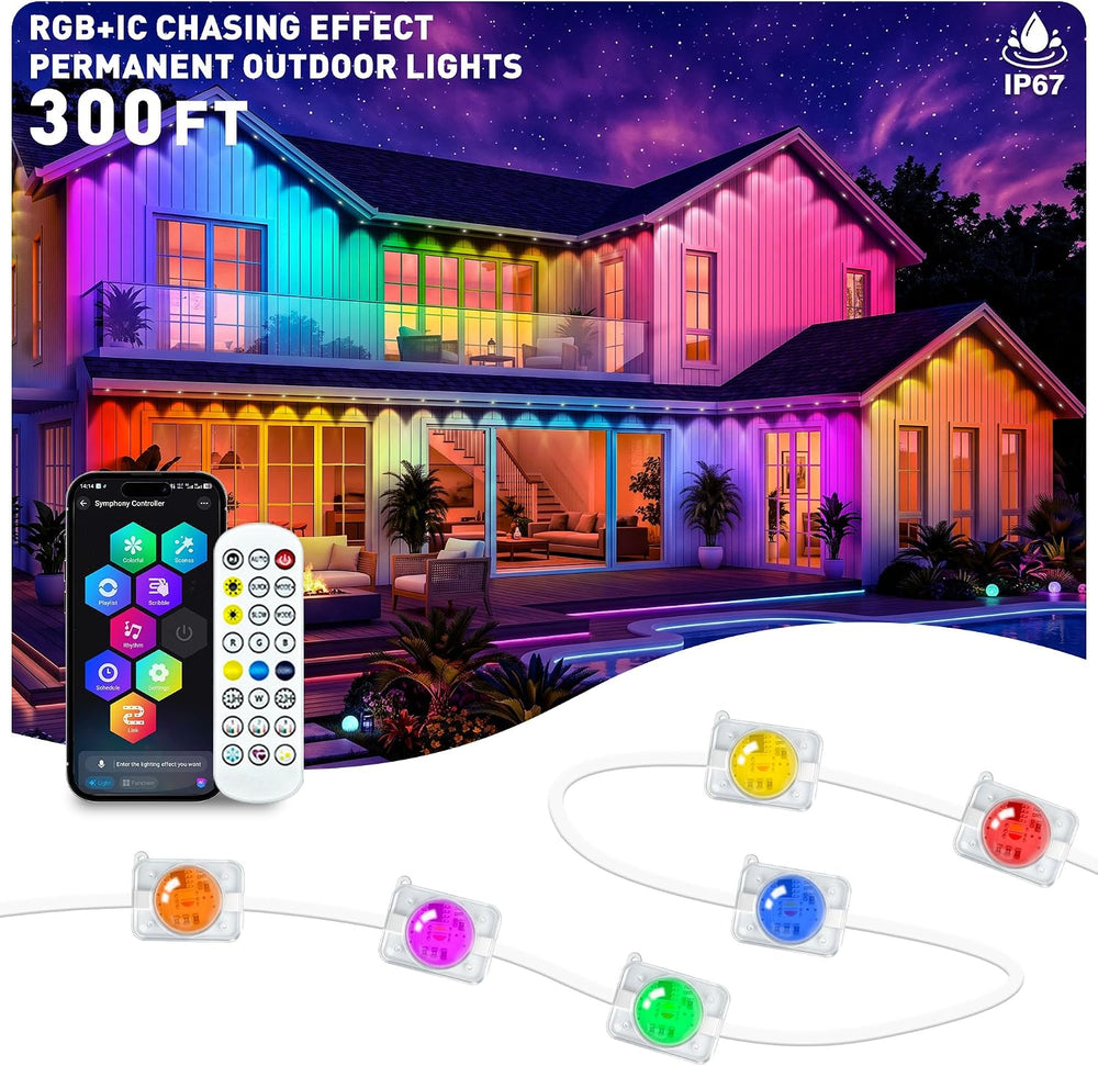 300FT RGB+IC Permanent Outdoor Lights, IP67 Waterproof, Smart App/Remote Cont...
