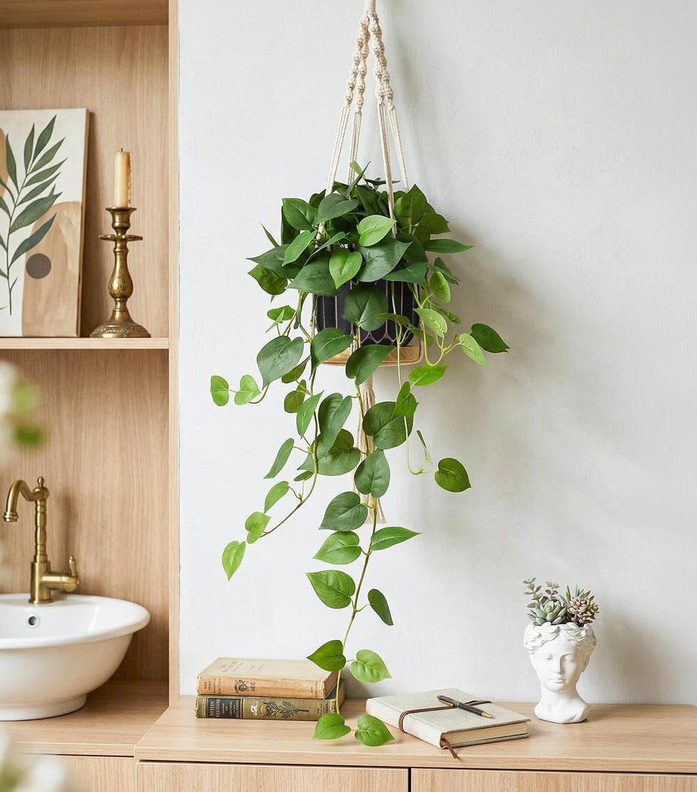 Fake Plants 2 Pcs Faux Pothos Plants Potted Indoor Artificial Hanging Plants ...