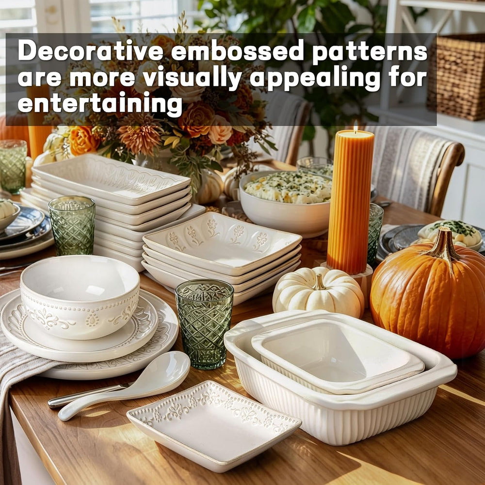 Artena Appetizer Plates Set of 4, 8.25" Embossed Ceramic Rectangular Des...