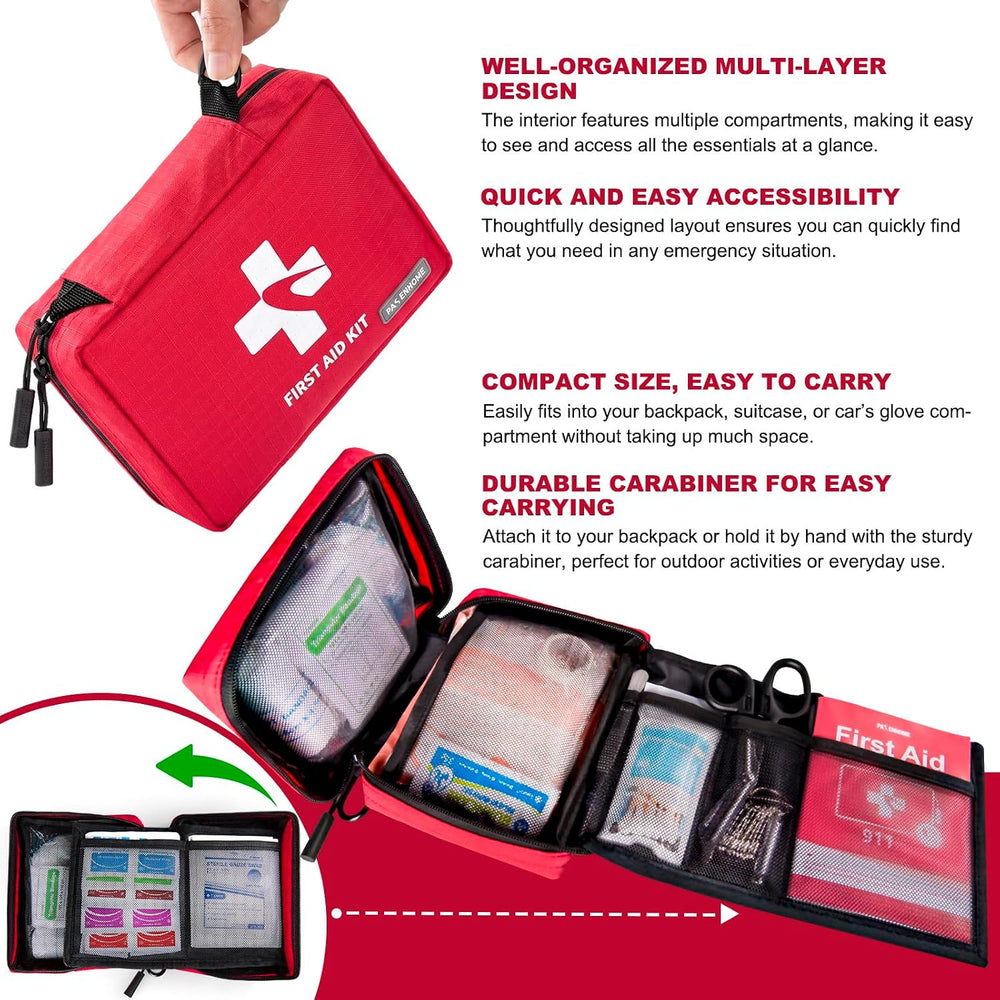 300 Piece First Aid Kit, Compact Waterproof First Aid Bag with 9 Organized Co...