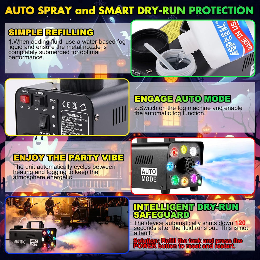 AGPTEK Fog Machine, 500W RGB LED Smoke Machine, Low Fluid Auto Shutoff