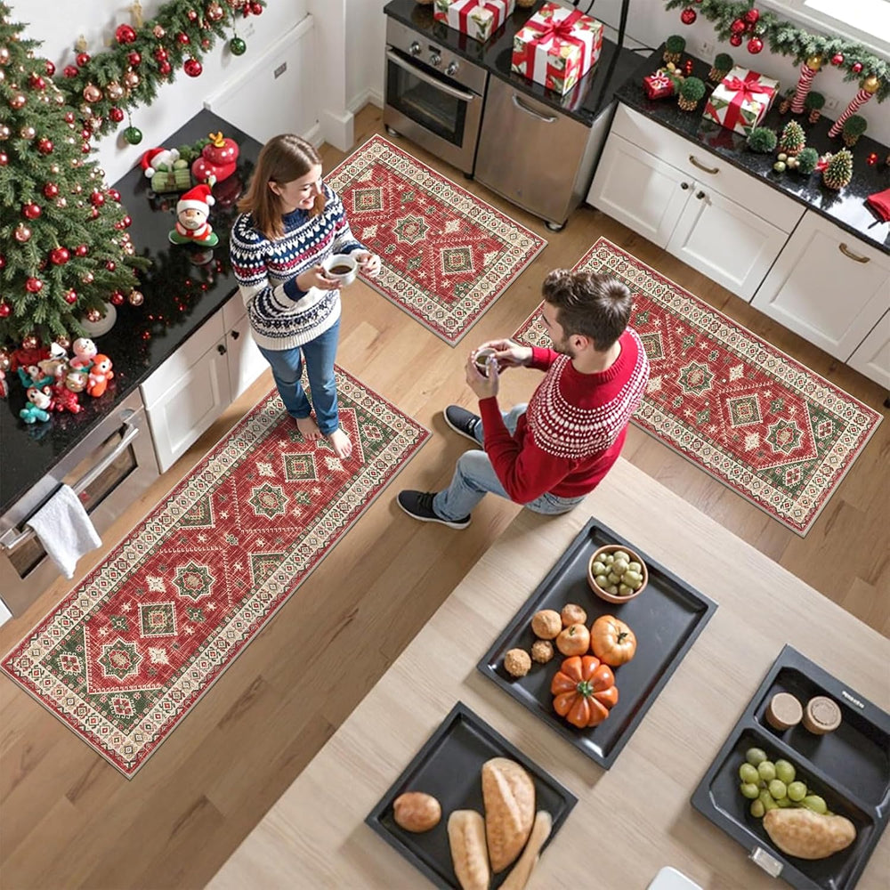 HEBE Christmas Kitchen Rugs Set of 3, Red Washable Kitchen Mats for Floor