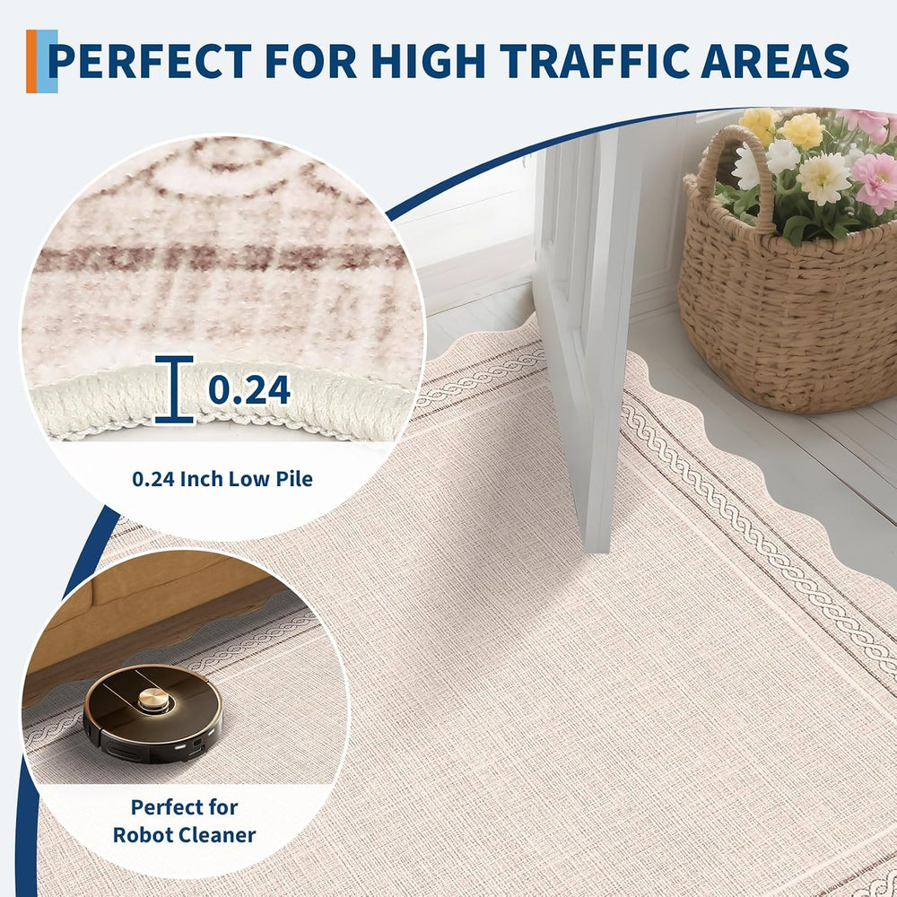 GarveeHome Scalloped Washable Runner Rug 2x10 Non Slip Kitchen Rugs, Beige