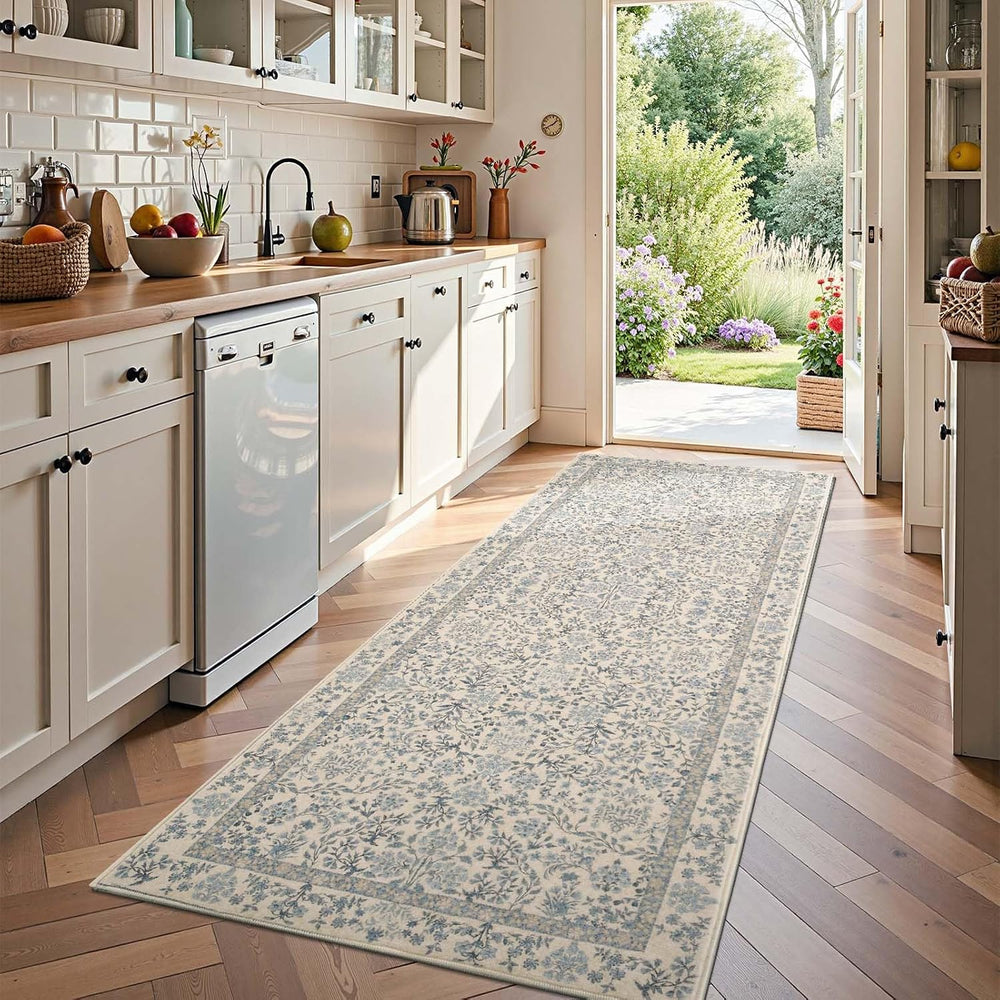 jinchan 3x8 Washable Hallway Runner Rug, Floral Non-Slip, Blue/Cream