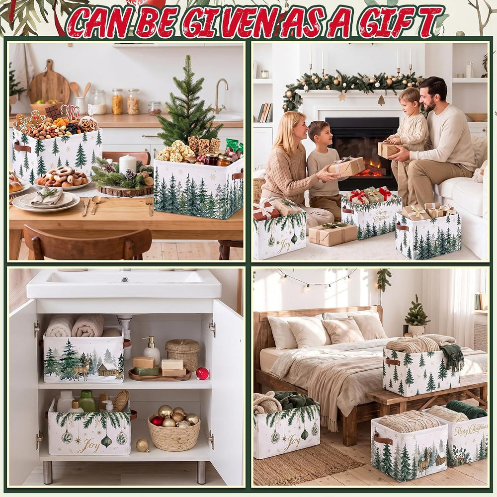 6 Pcs Christmas Tree Storage Bins with Handles, Green Pine Gift Baskets