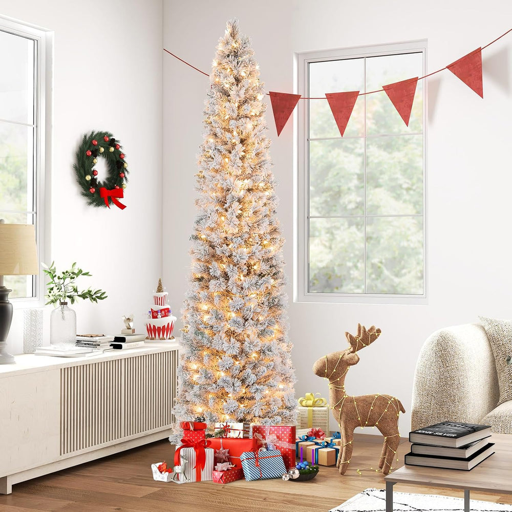 Goplus 7ft Pre-Lit Snow Flocked Pencil Christmas Tree, Artificial Slim Xmas T...