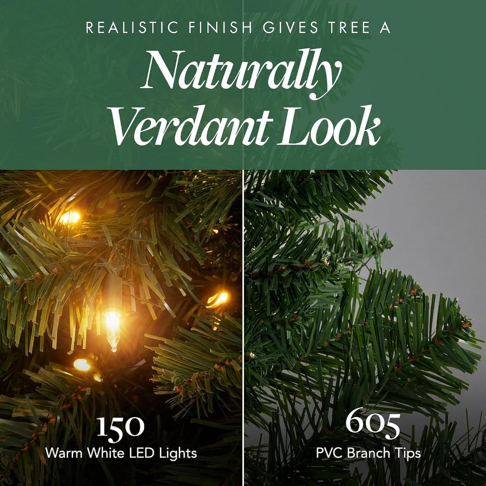 7ft Pre-Lit Christmas Tree – Artificial Half Pine with 150 Warm White LED Lig...