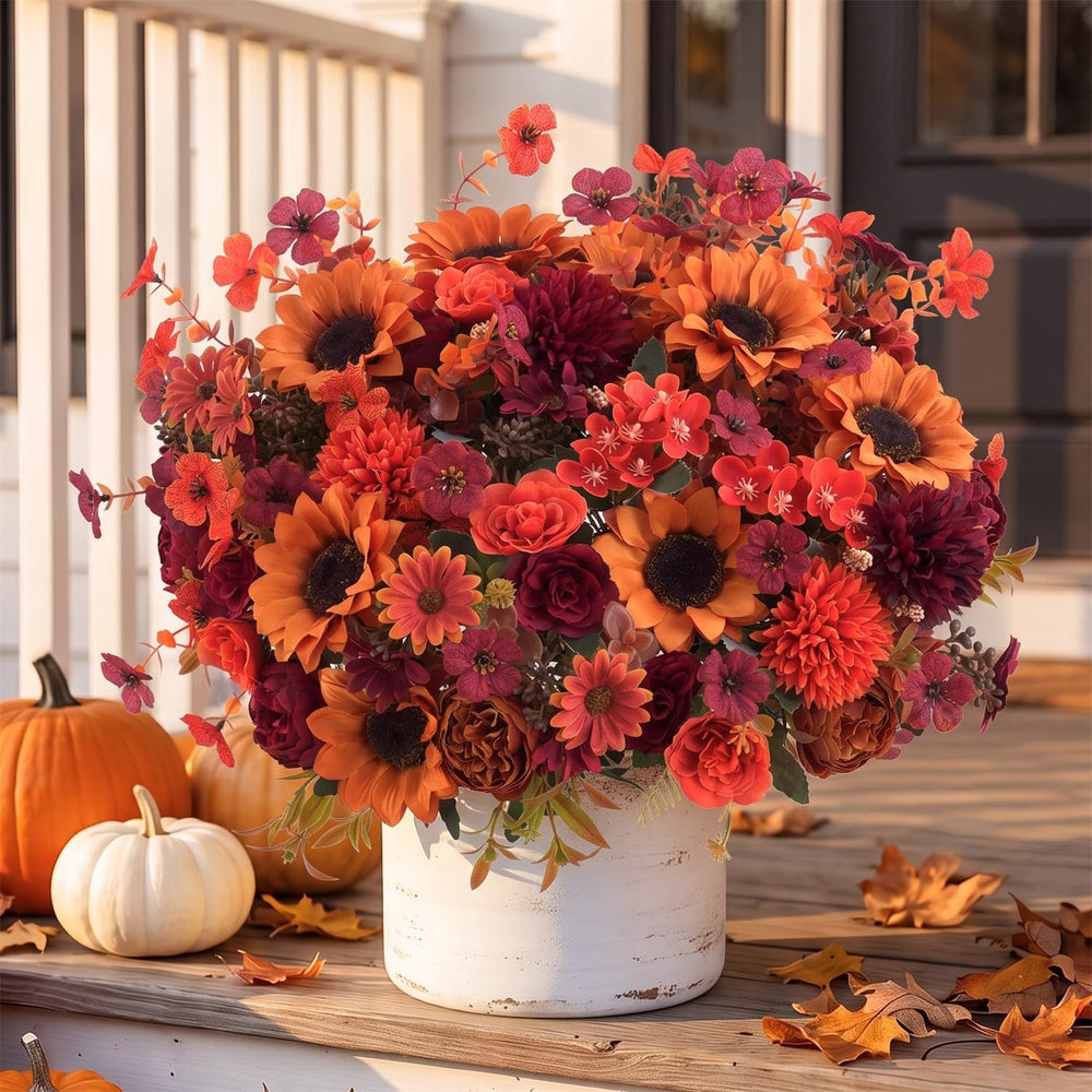 Mixed 10 Pcs Fall Artificial Sunflower Peony Bouquet, Burnt Orange Burgundy S...