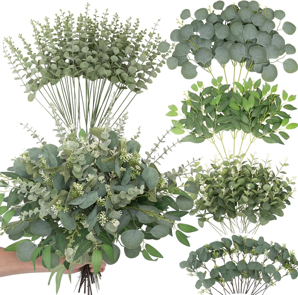 Daynight 120 Pcs Artificial Mixed Eucalyptus Stems Bulk, Green