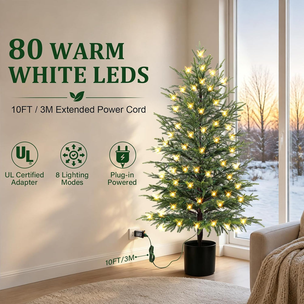 4FT Prelit Norfolk Pine Christmas Tree Real Touch Artificial Cedar Tree with ...