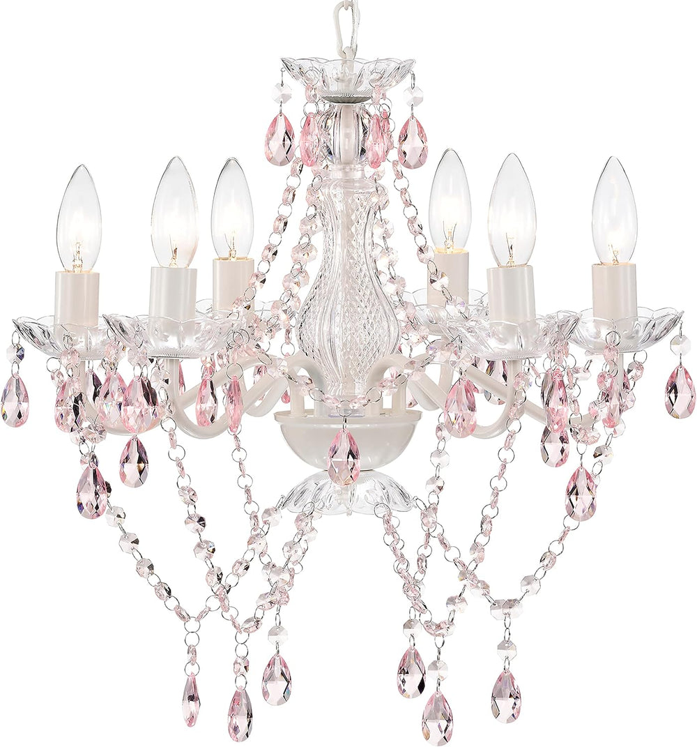 Mr.Color White Chandeliers Pink Crystal Chandelier Lighting Fixture 6 Light C...