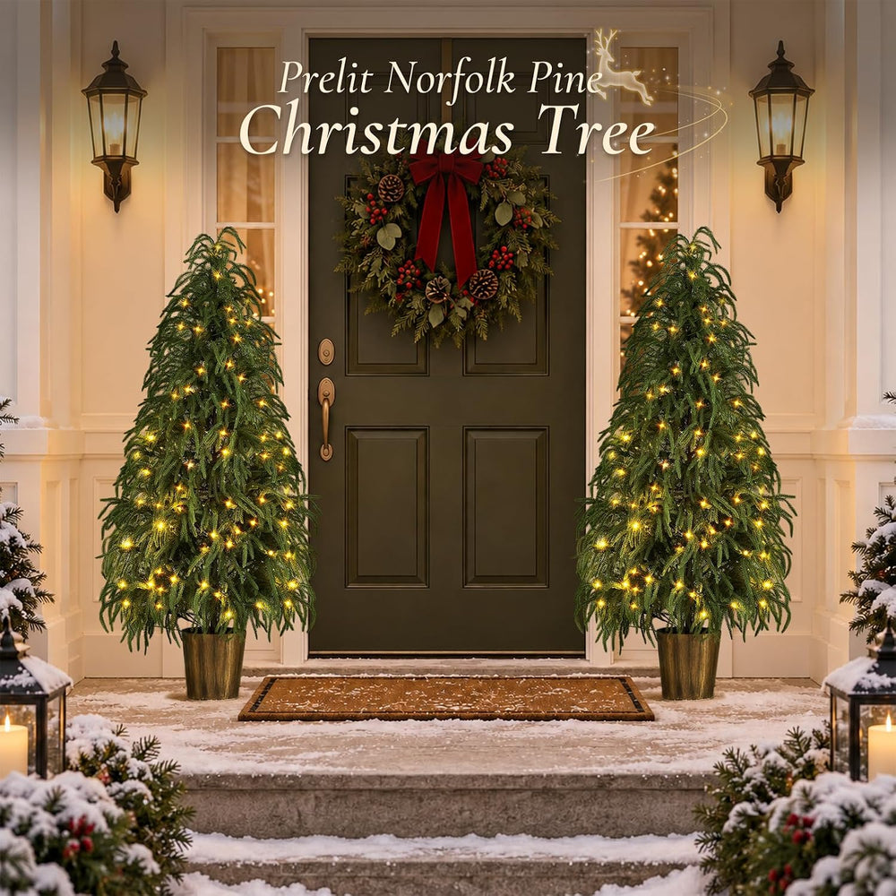 BLOSMON 5 ft Front Porch Christmas Tree, Set of 2, Prelit Norfolk Pine Tree