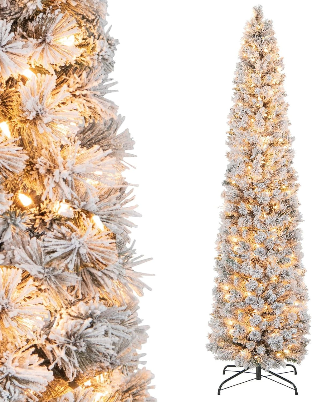 Goplus 7ft Pre-Lit Snow Flocked Pencil Christmas Tree, Artificial Slim Xmas T...