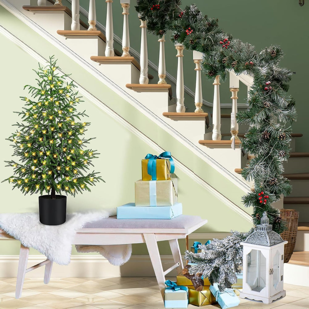 4FT Prelit Norfolk Pine Christmas Tree Real Touch Artificial Cedar Tree with ...