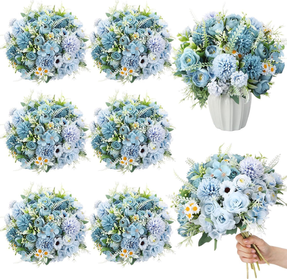 Tigeen 6 Bundles Artificial Flowers Bouquet for Wedding, Blue