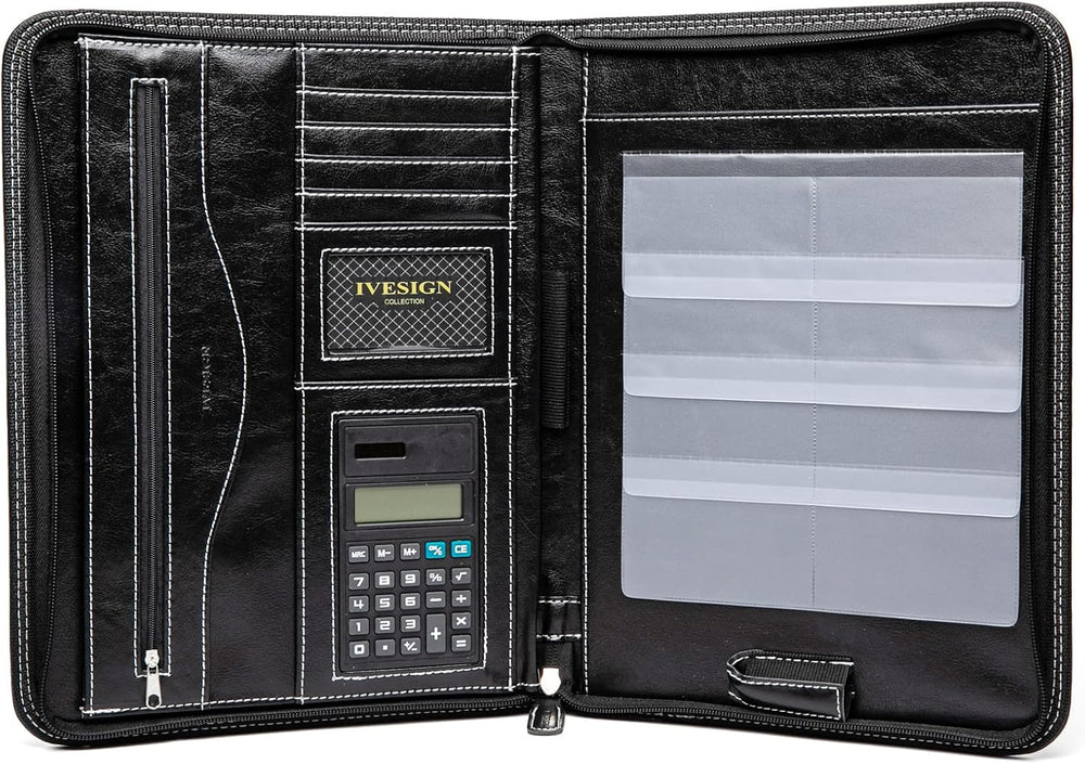 Faux Leather Portfolio Padfolio Organizer with Calculator, Writing Pad, Zippe...