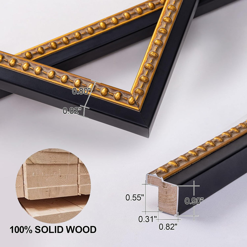 ArtXO 24x36 Picture Frame Black Gold Wood, 2 Mats Wall Mount
