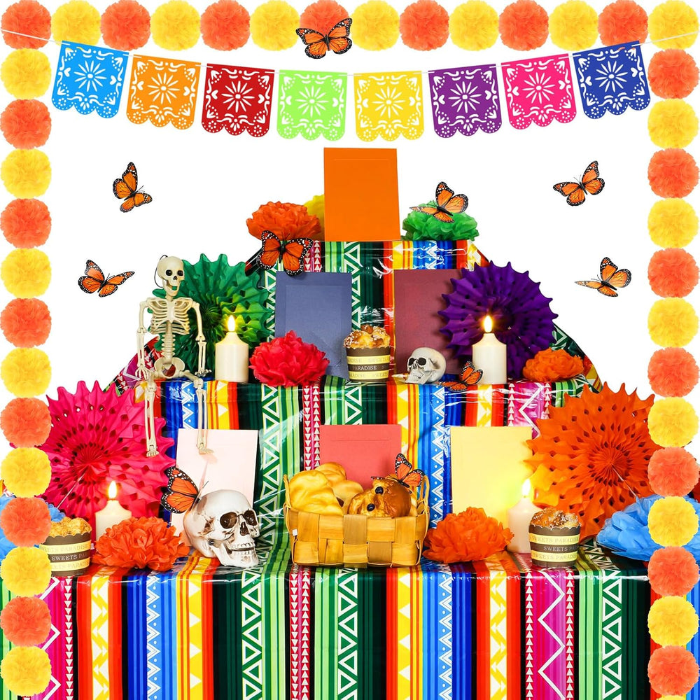Newwiee 79 Pcs Day of The Dead Altar Decorations Kit,Striped,Colorful