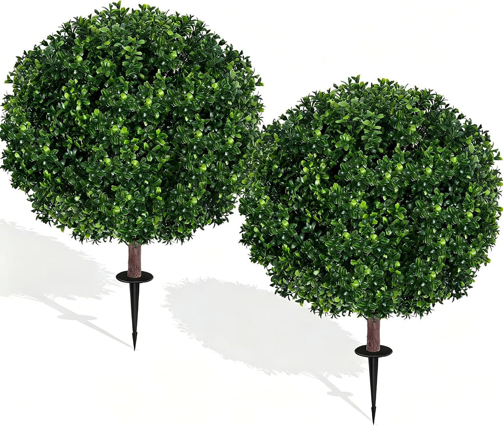 27.5" Artificial Boxwood Topiary Ball Tree, Set of 2 Fake Bushes Shrubs ...