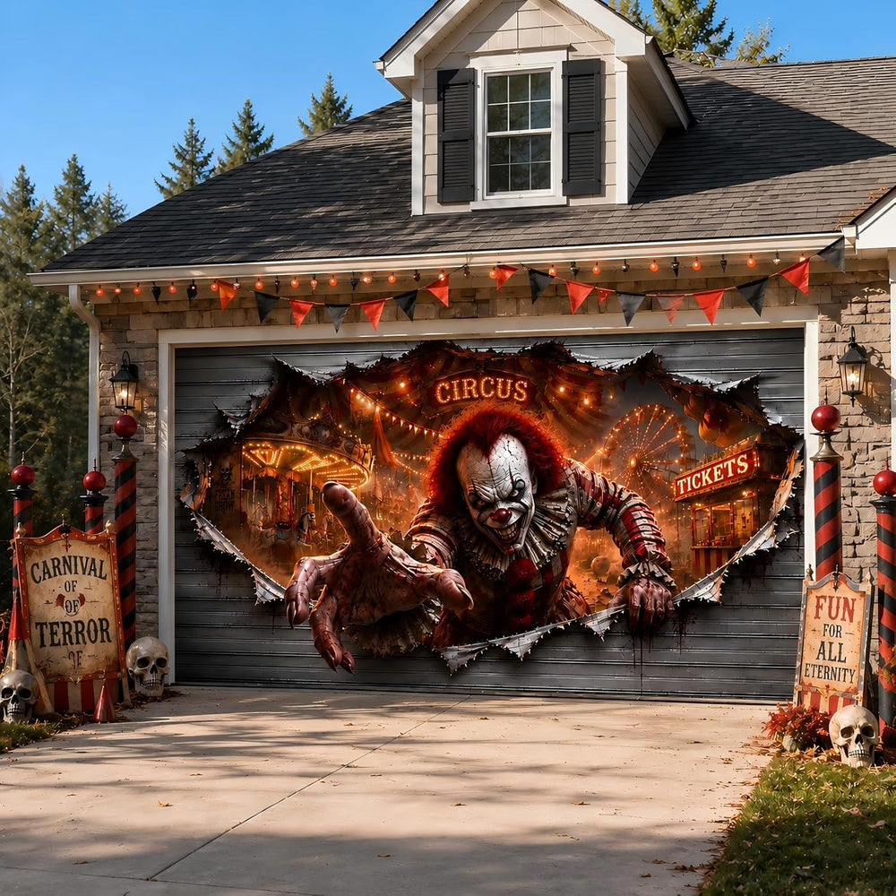 Halloween Garage Door Cover 16x7 FT, 3D Circus Clown Garage Door Decoration