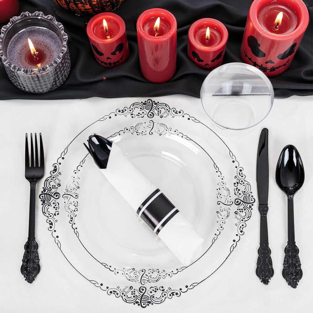 Hioasis 175 Pcs Clear Black Plates for Party