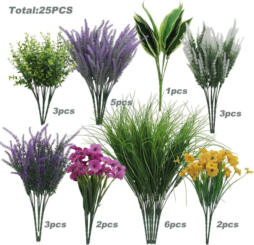 25PCS Artificial Plants Outdoor, Faux Lavender Flower Greenery Stem Outside