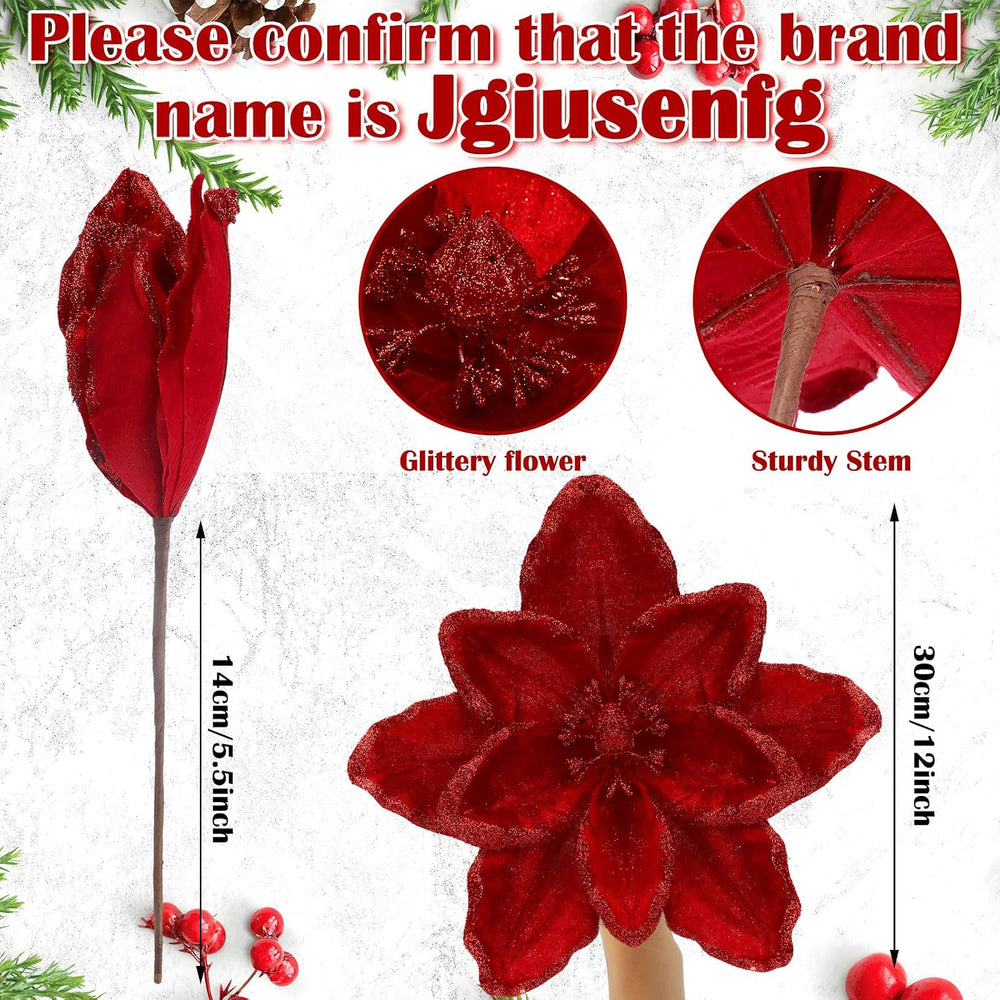 8 Pcs Large 12" Christmas Magnolia Flowers, Burgundy